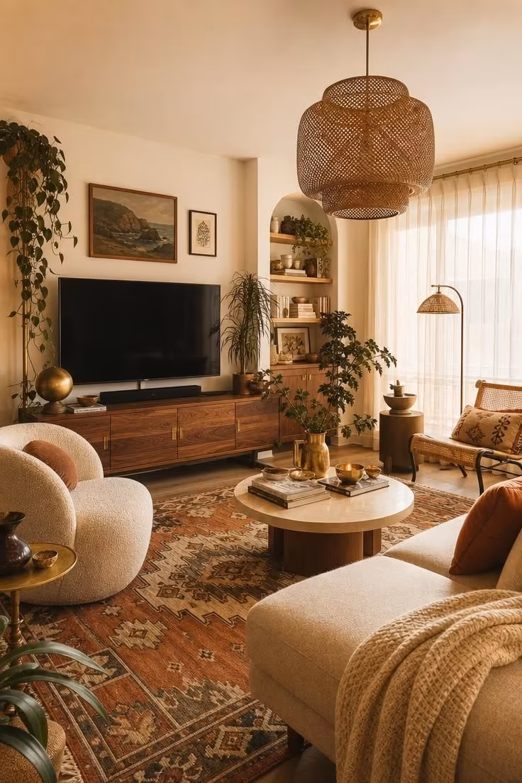Modern eclectic apartment living room with walnut furniture, brass lighting, and layered vintage textiles.