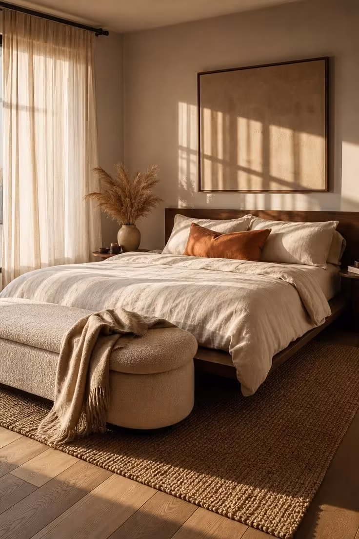 Walnut platform bed with cream boucle bench in a modern eclectic bedroom bathed in warm golden light.
