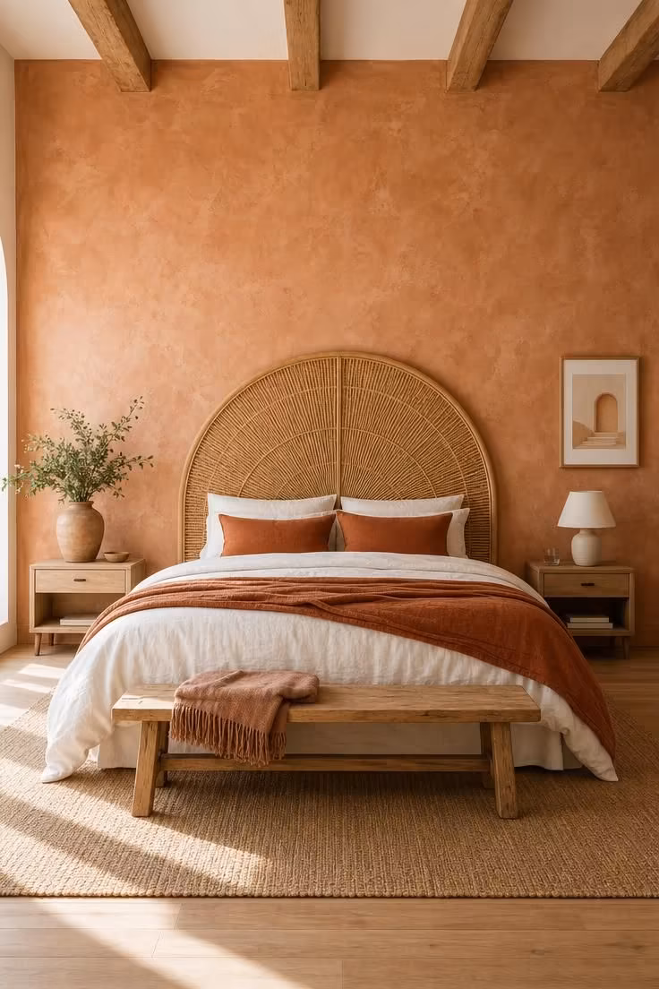 Arched rattan headboard against a warm terracotta plaster wall in a bright, airy bedroom.