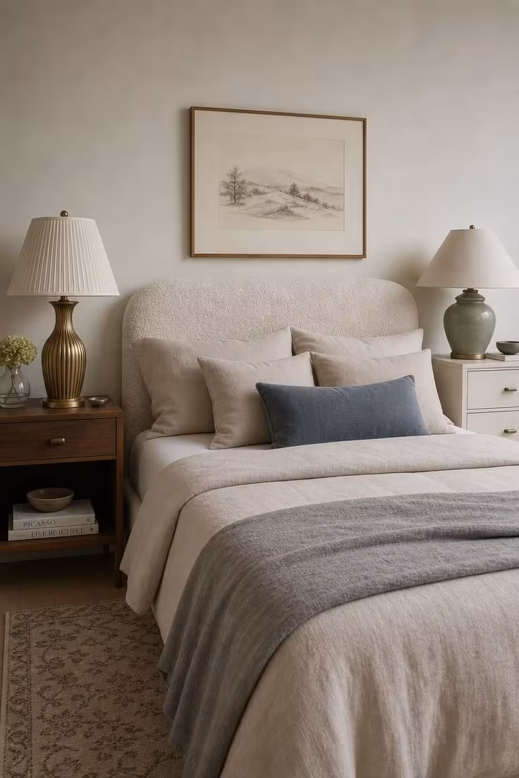 Mismatched brass and ceramic lamps beside a boucle headboard in a soft, neutral bedroom.