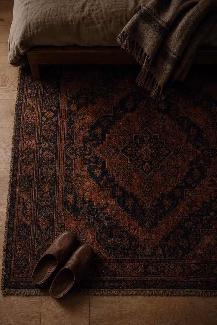 Vintage Persian rug layered over pale oak flooring in a moody, low-lit modern eclectic bedroom.
