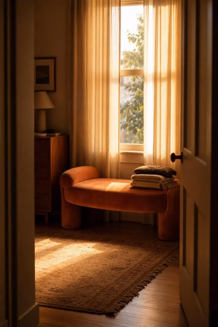 Curved terracotta velvet bench beneath a window in warm golden light, viewed from the bedroom doorway.