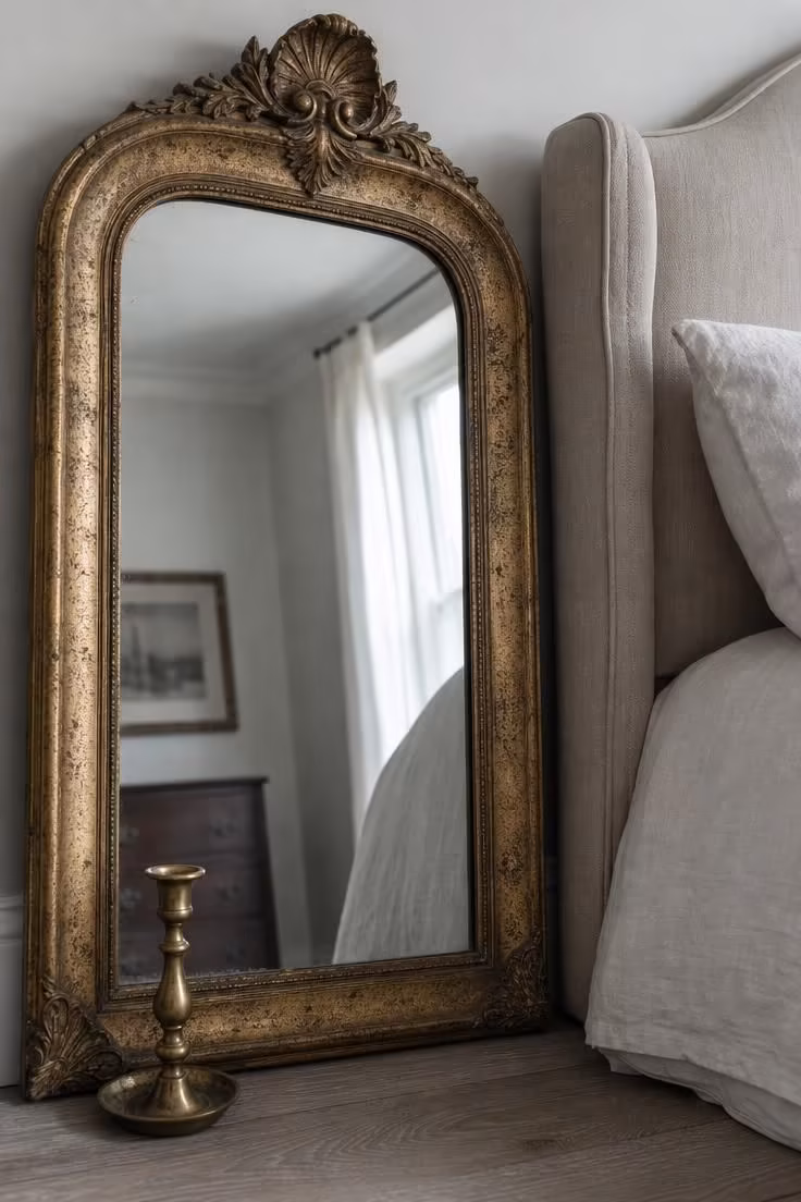 Antique gilt mirror leaning beside a linen headboard in soft, cool overcast light.