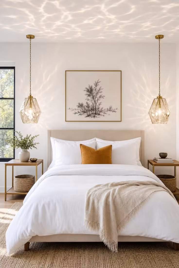 Sculptural glass pendant lights above open nightstands in a bright, daylit bedroom.