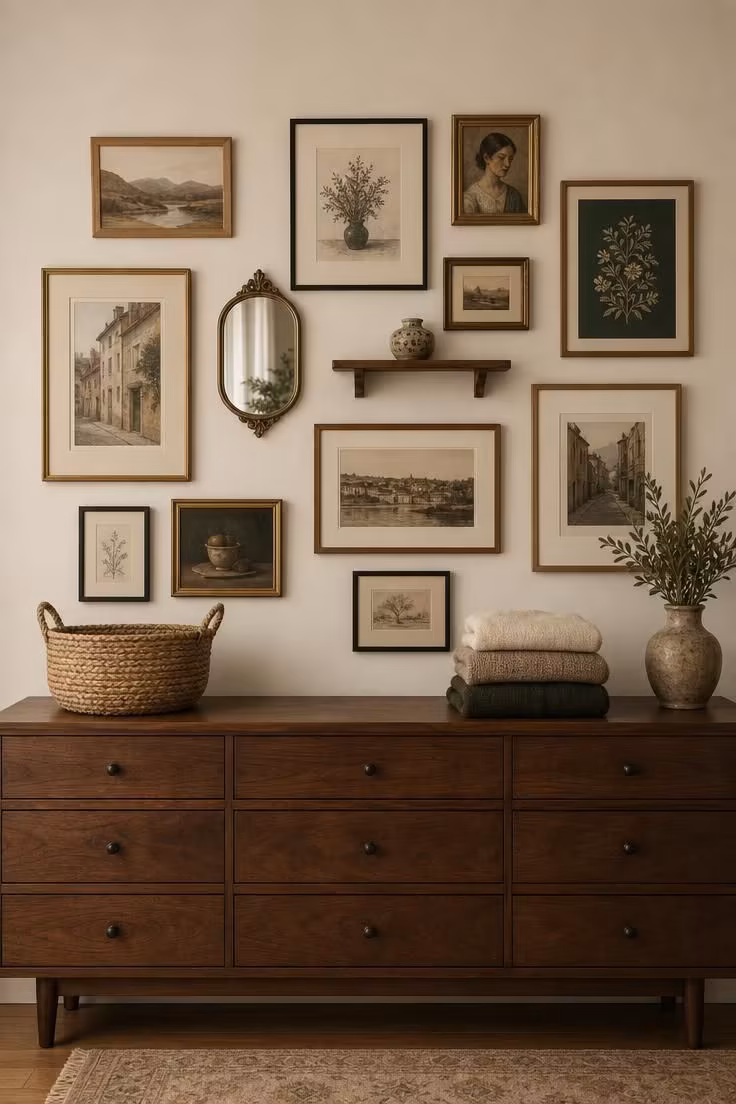 Gallery wall of mixed-era frames above a walnut dresser in soft, even light.