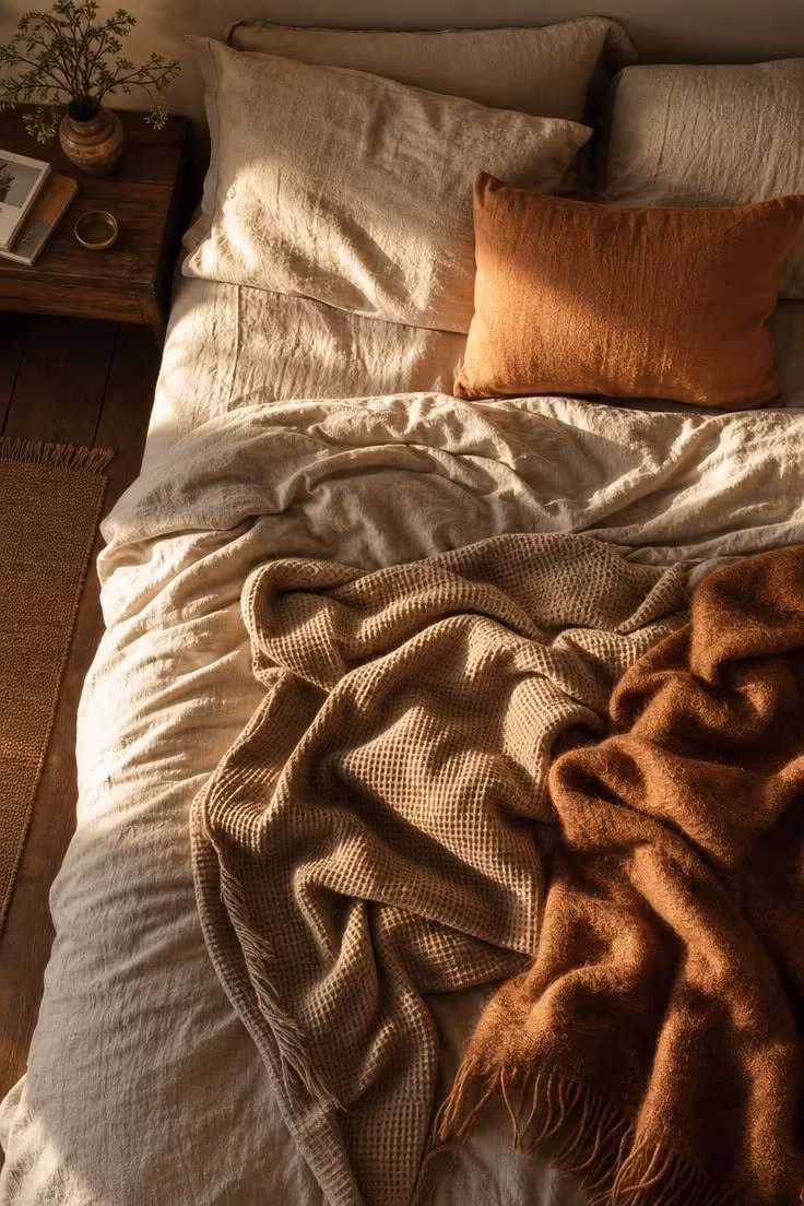 Layered linen and wool throws in warm neutral tones on an overhead-styled bed.