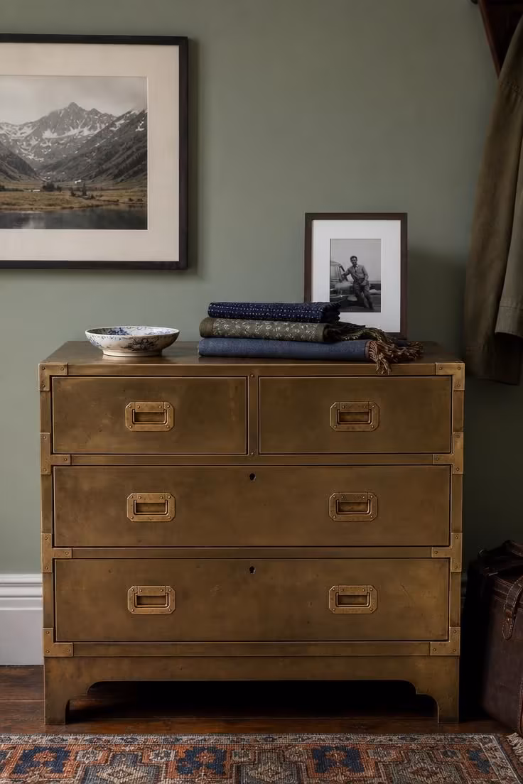 Vintage brass campaign dresser with patina hardware against a sage green wall.