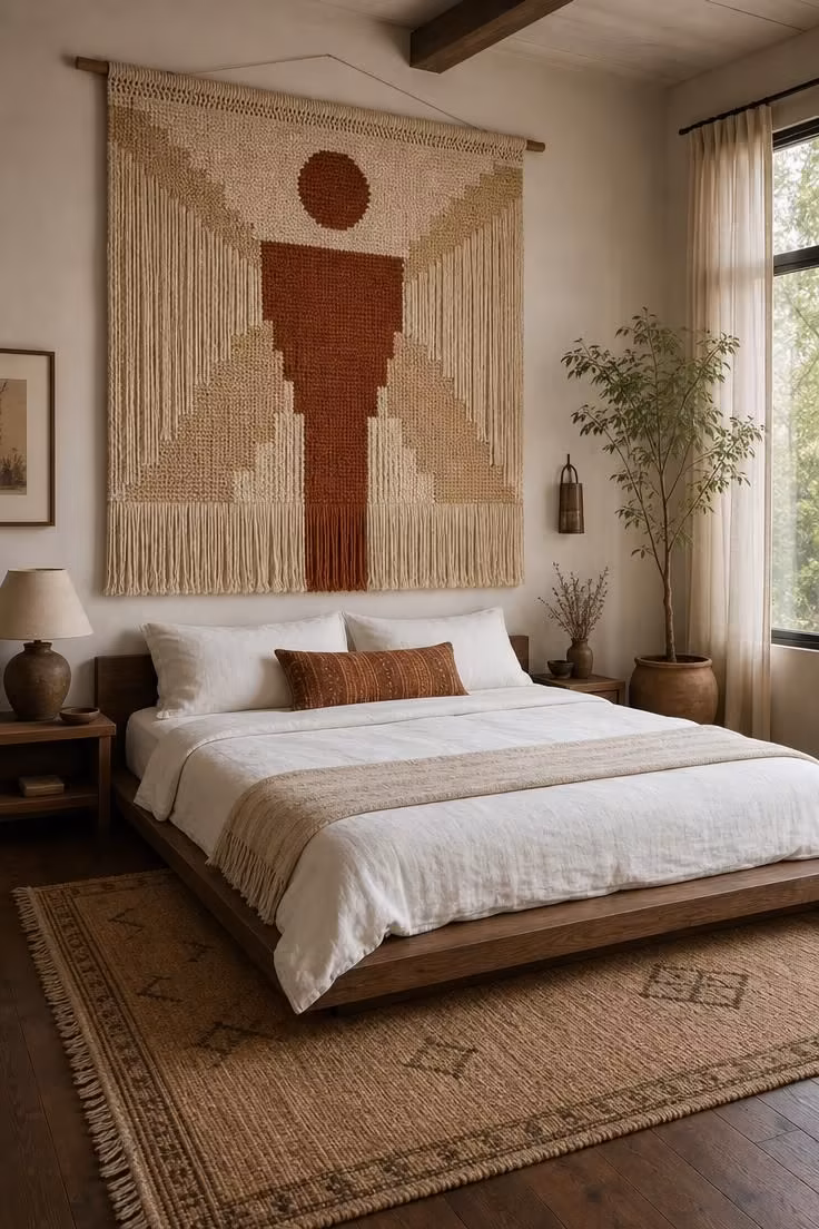 Large woven wall hanging in cream and rust above a low platform bed with white linen bedding.