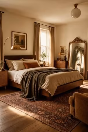 A complete modern eclectic bedroom with a walnut platform bed, vintage rug, and brass lighting in warm golden light.
