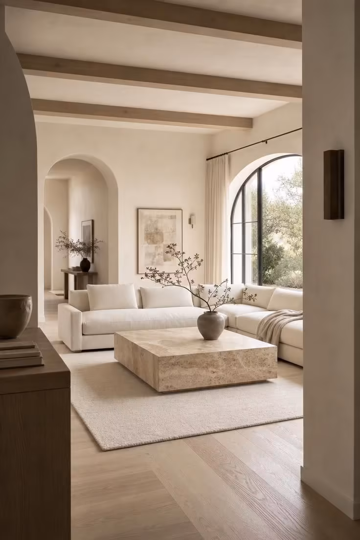 13 Modern Eclectic Living Room Ideas for Easy Sophistication 1 A sun-washed modern eclectic living room with a honed travertine plinth coffee table centered before a low ivory linen sectional.