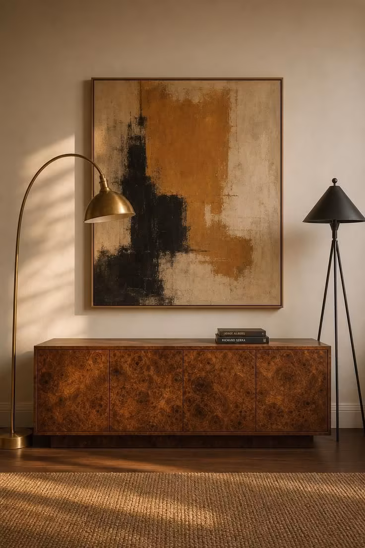 13 Modern Eclectic Living Room Ideas for Easy Sophistication 2 A burl wood credenza flanked by an unlacquered brass arc floor lamp and a blackened steel tripod floor lamp beneath a large abstract canvas.