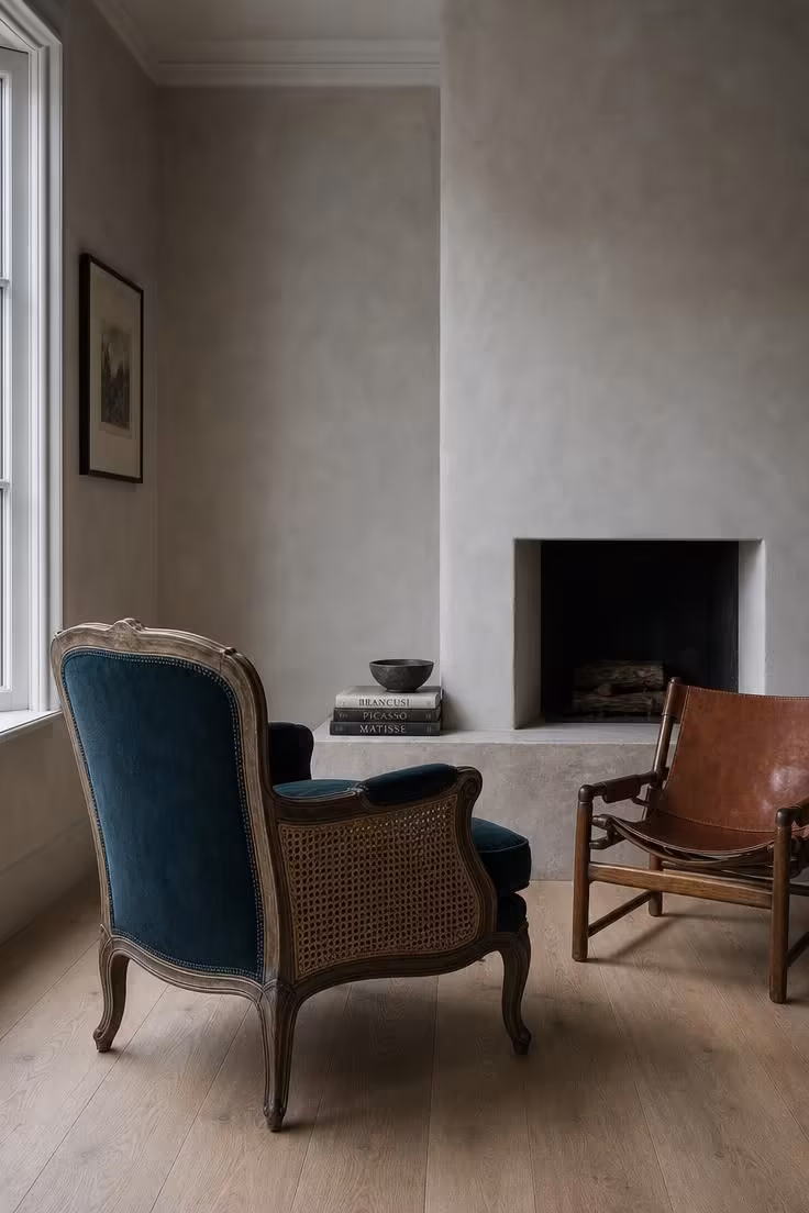 13 Modern Eclectic Living Room Ideas for Easy Sophistication 3 A deep teal mohair cane-back fauteuil beside a smooth plaster fireplace with a small cognac leather sling chair.
