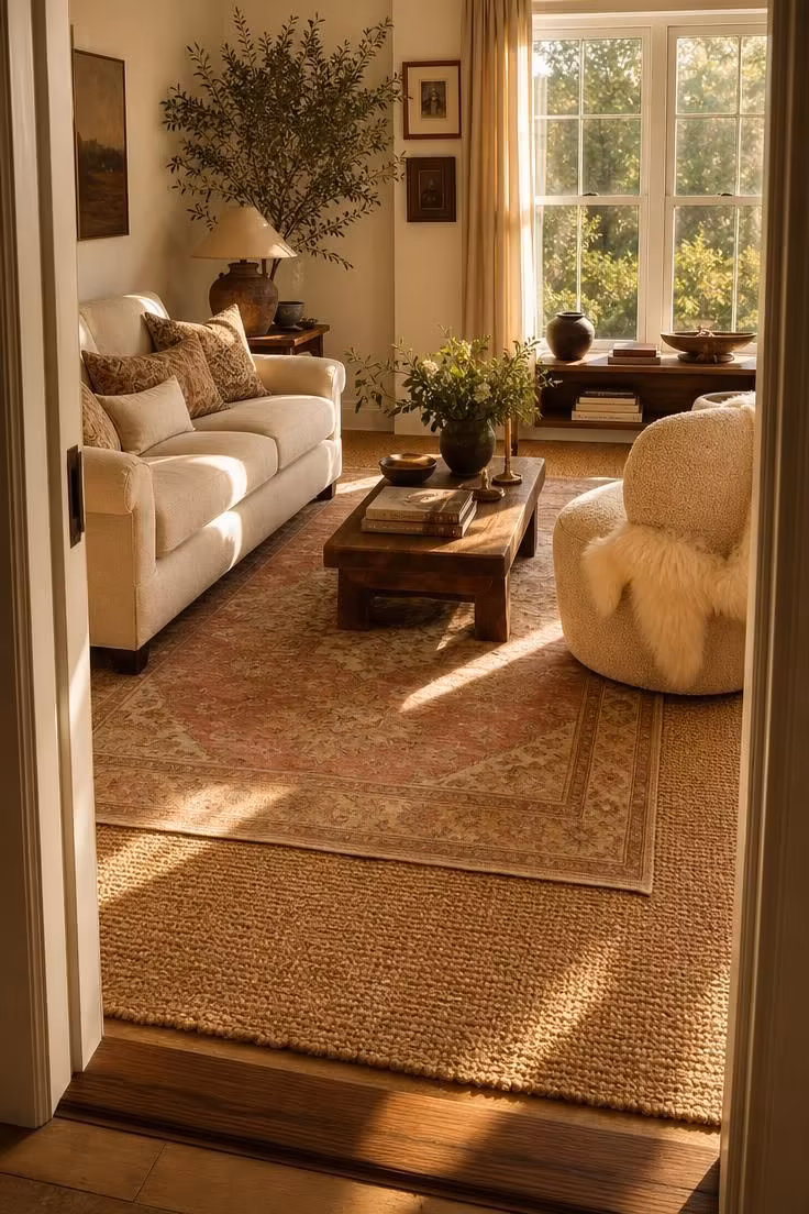 13 Modern Eclectic Living Room Ideas for Easy Sophistication 5 A layered rug arrangement with a faded Oushak rug over a natural jute base in a warm sunlit modern eclectic living room.