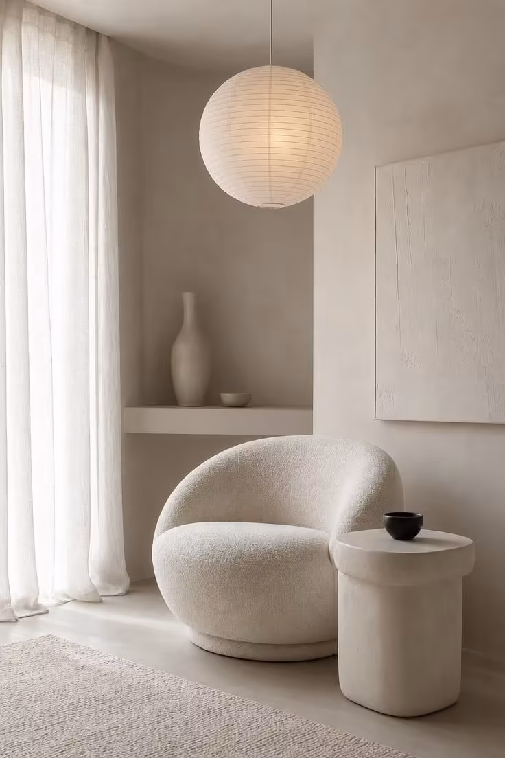 13 Modern Eclectic Living Room Ideas for Easy Sophistication 6 A glowing paper lantern pendant above a curved boucle chair and monolithic plaster side table in a tonal modern eclectic living room.