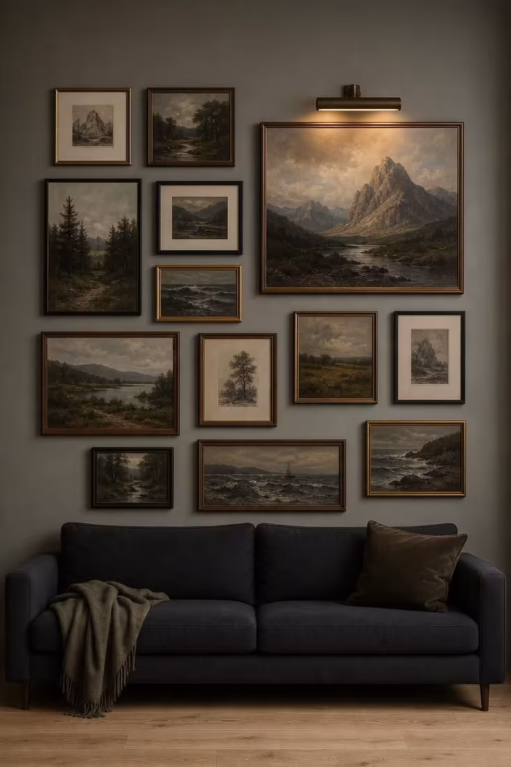 13 Modern Eclectic Living Room Ideas for Easy Sophistication 7 A charcoal sofa beneath a salon-style wall of thrifted landscape paintings in thin brass, walnut, and black frames.