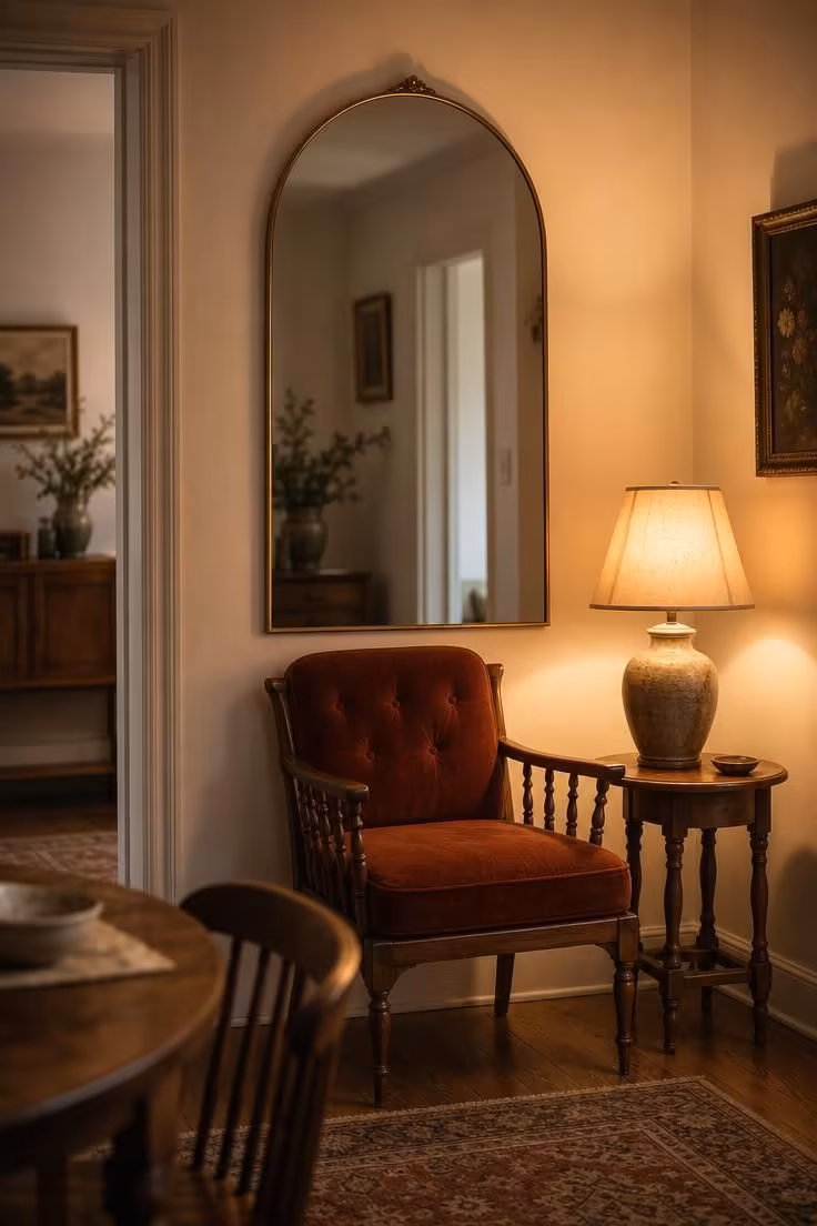 13 Modern Eclectic Living Room Ideas for Easy Sophistication 8 A rust velvet spindle-back armchair beneath an oversized arched brass mirror with a small oak side table and ceramic lamp.