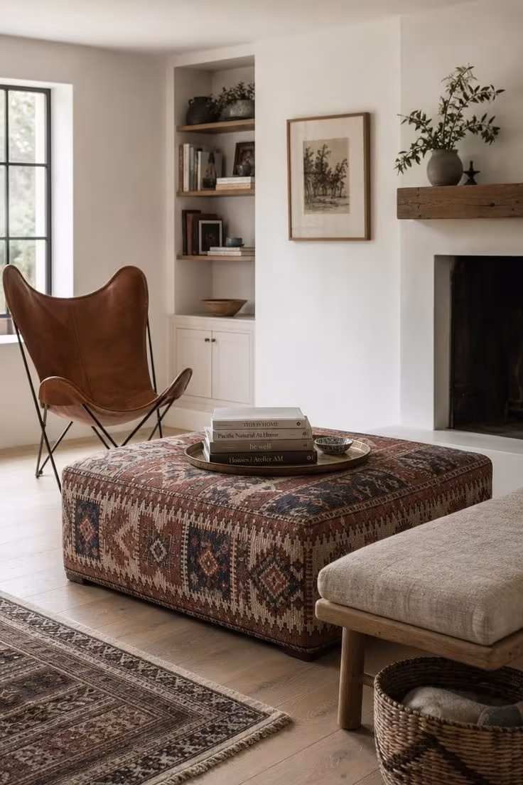 13 Modern Eclectic Living Room Ideas for Easy Sophistication 9 A kilim-covered ottoman serving as a coffee table between a leather butterfly chair and a low linen bench in a modern eclectic reading nook.
