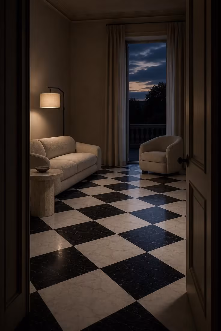13 Modern Eclectic Living Room Ideas for Easy Sophistication 10 A checkerboard marble and onyx floor beneath a minimal cream boucle seating arrangement in an evening modern eclectic living room.