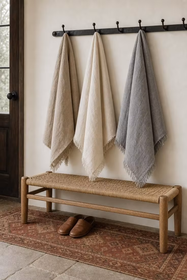 13 Modern Eclectic Living Room Ideas for Easy Sophistication 11 A blackened steel hook rail holding folded linen throws above a cane bench on a worn kilim runner.