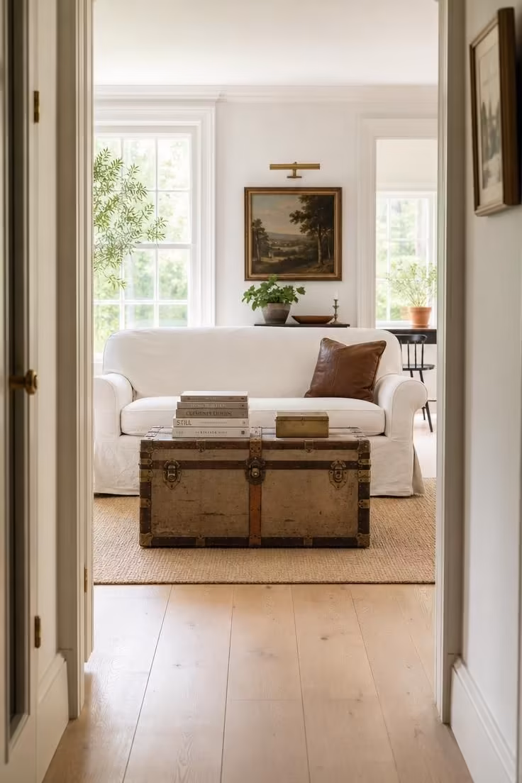 13 Modern Eclectic Living Room Ideas for Easy Sophistication 12 A vintage steamer trunk used as a coffee table before a slipcovered ivory English roll-arm sofa.