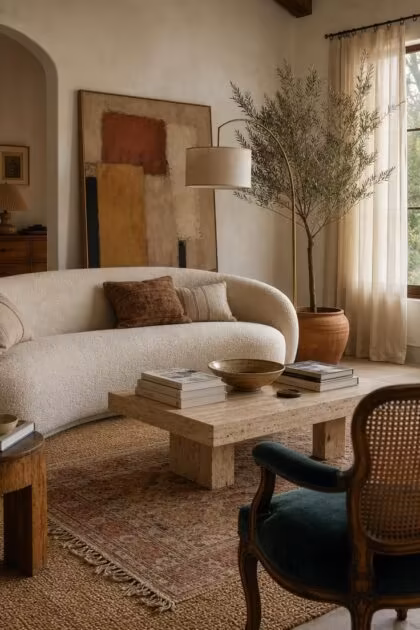 13 Modern Eclectic Living Room Ideas for Easy Sophistication A warm modern eclectic living room with a curved boucle sofa, travertine coffee table, layered rugs, brass floor lamp, oversized art, and a tall olive tree.