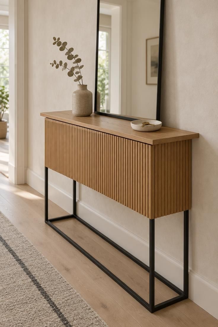 11 Modern Entryway Ideas to Make a Small Space Feel Open 1 Narrow entryway with a honey oak fluted wood console on a matte black metal base, a leaning rectangular mirror, a ceramic dish with a brass key, and a pale oak floor with a striped wool runner.