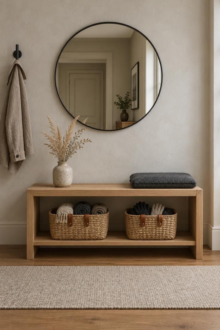 11 Modern Entryway Ideas to Make a Small Space Feel Open 2 Pale greige entry hall with a black-framed round mirror over a low light oak entryway bench with storage shelf, two seagrass baskets, a charcoal cushion, and a wool runner.