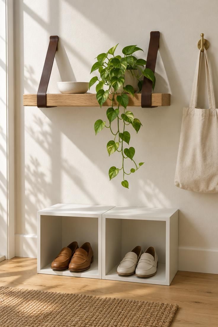 11 Modern Entryway Ideas to Make a Small Space Feel Open 3 Oak wall-mounted shelf held by dark leather straps in a compact entry corner, with a ceramic bowl, trailing plant, two white shoe cubbies below, and bright midday light.