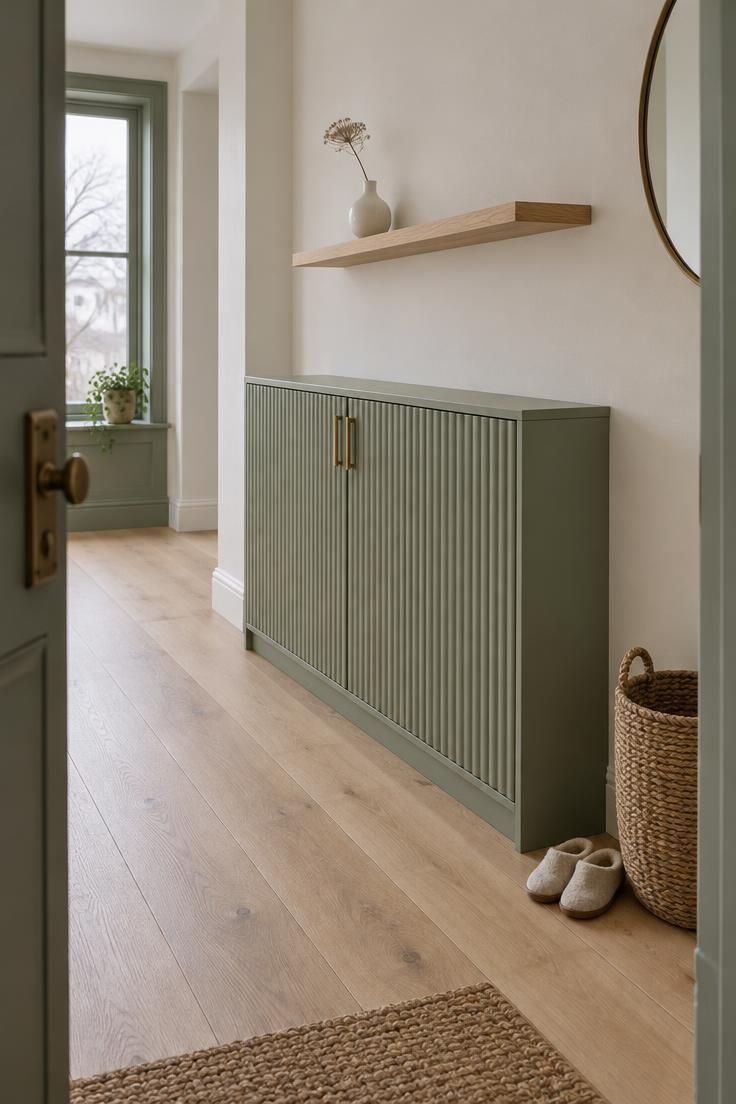11 Modern Entryway Ideas to Make a Small Space Feel Open 4 Bright entryway with a sage-green fluted-door shoe cabinet, a floating oak shelf with a single-stem vase, a floor basket, and cool overcast daylight.