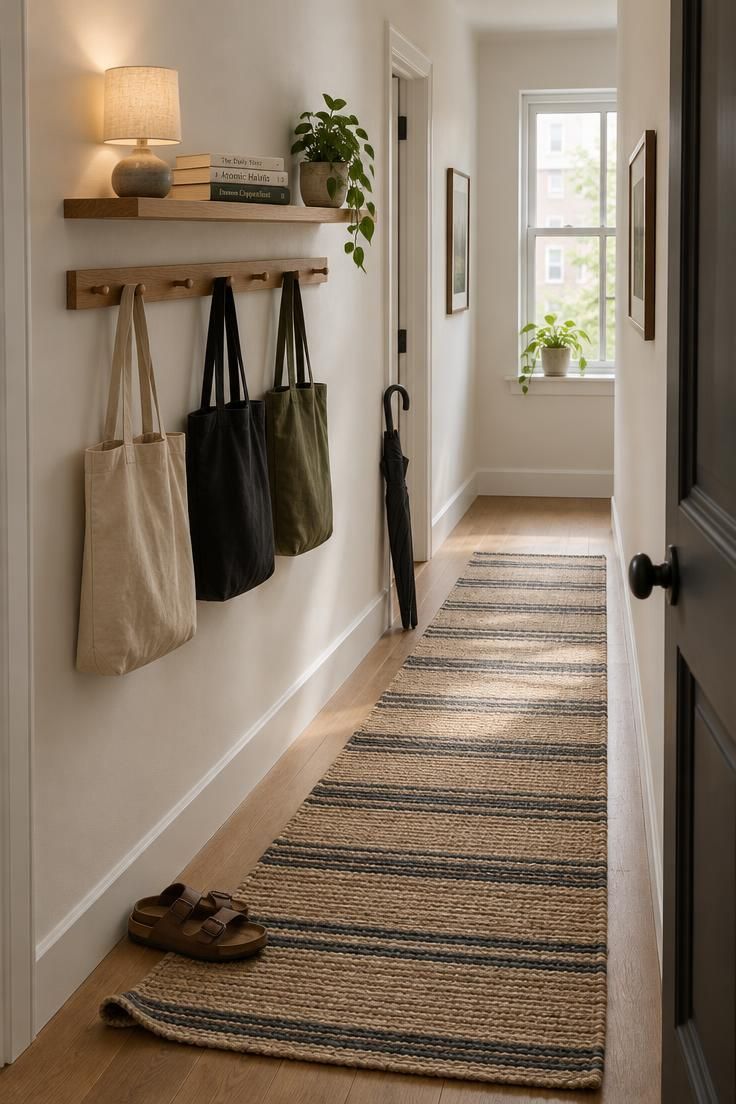 11 Modern Entryway Ideas to Make a Small Space Feel Open 5 Narrow apartment entry with an oak peg rail holding three canvas totes, a floating shelf with a small lamp, and a jute runner in natural and charcoal stripes.