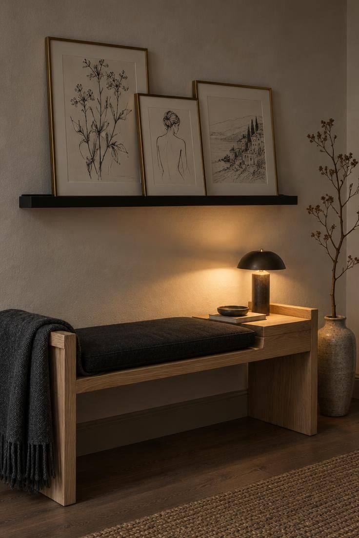 11 Modern Entryway Ideas to Make a Small Space Feel Open 6 Plaster-white entry wall with a matte black picture ledge holding three line drawings in brass frames, above a low oak bench with a black cushion and a table lamp.