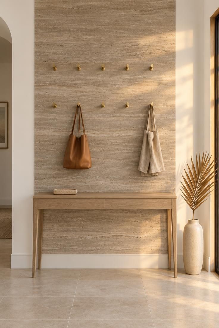 11 Modern Entryway Ideas to Make a Small Space Feel Open 7 Tall taupe travertine-look wall panel in a white entry with two rows of brass hooks holding a leather bag and linen tote, above a slim white oak console.