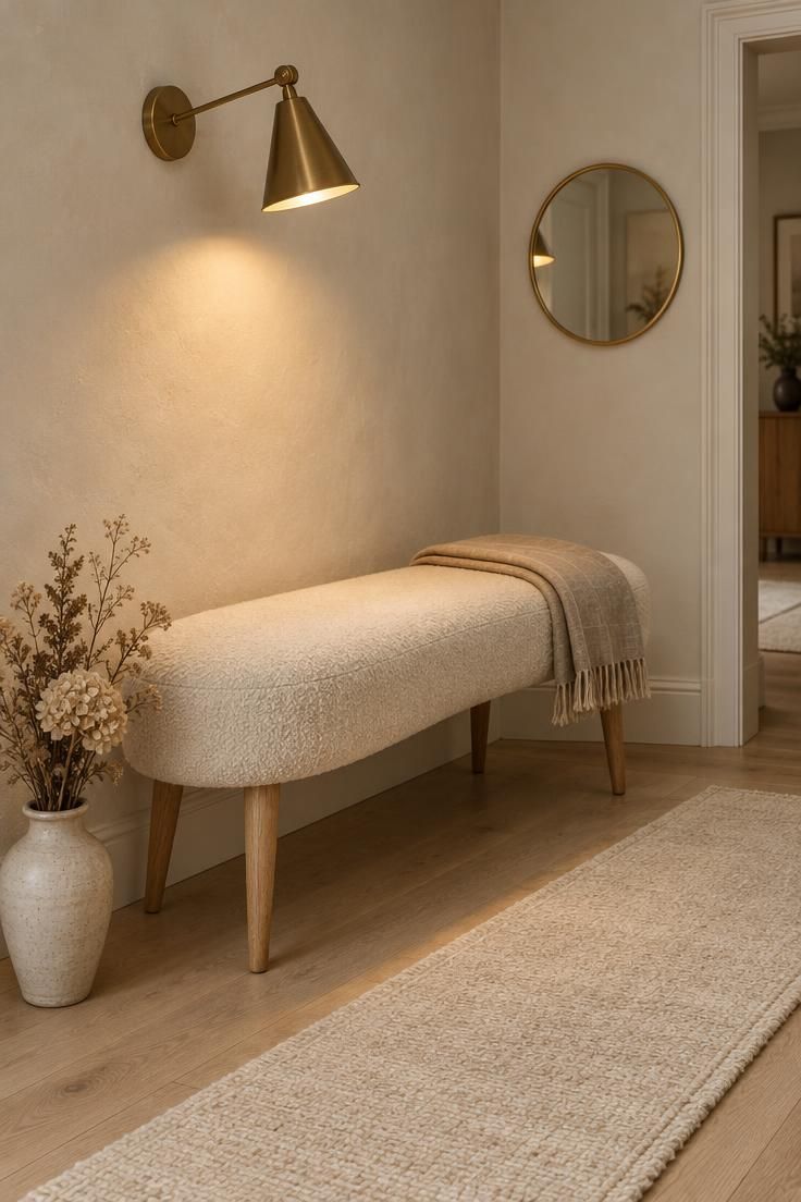 11 Modern Entryway Ideas to Make a Small Space Feel Open 8 Cream bouclé curved bench with oak legs in a pale entry, a brass pivoting sconce above, and a small arched mirror entryway on the adjacent wall.