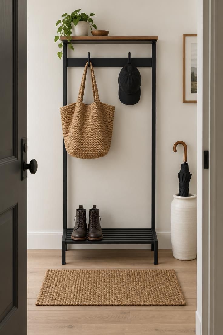 11 Modern Entryway Ideas to Make a Small Space Feel Open 9 Matte black steel hall tree with a wooden top shelf, a woven tote and cap on two hooks, a slatted shoe tray with boots, and a ceramic umbrella jar beside it.