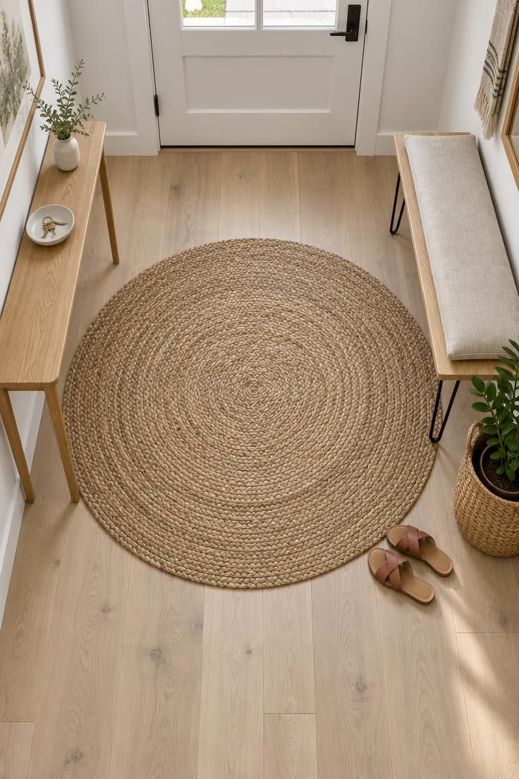 11 Modern Entryway Ideas to Make a Small Space Feel Open 10 Overhead view of a round jute rug in a pale entry with a low oak bench on black hairpin legs, a slim console table, and a woven basket with a plant.