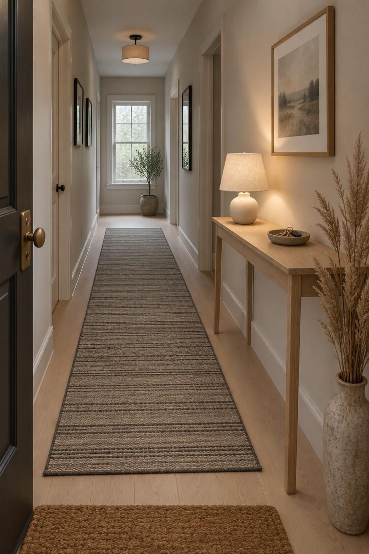 11 Modern Entryway Ideas to Make a Small Space Feel Open 11 Narrow entry hall with a coir mat at the door, a greige and black flatweave runner, and a slim white oak console with a ceramic table lamp casting warm layered entryway lighting.