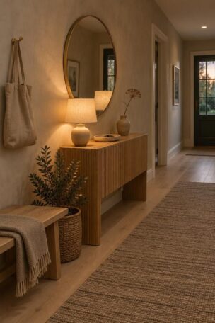 Cozy modern entryway with a fluted oak console, round brass-framed mirror, small ceramic lamp, low oak bench with a wool throw, woven runner, and a brass hook holding a linen tote.