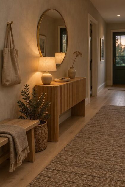 11 Modern Entryway Ideas to Make a Small Space Feel Open Cozy modern entryway with a fluted oak console, round brass-framed mirror, small ceramic lamp, low oak bench with a wool throw, woven runner, and a brass hook holding a linen tote.