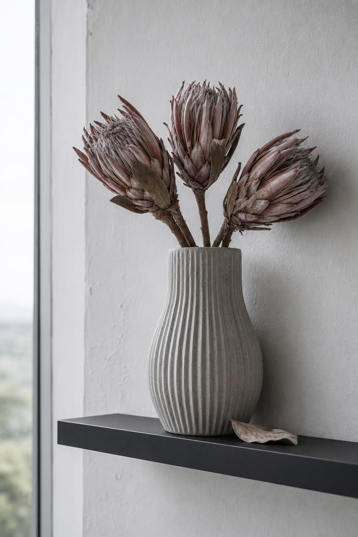 Fluted concrete vase holding dried protea stems on a floating black shelf under cool overcast light