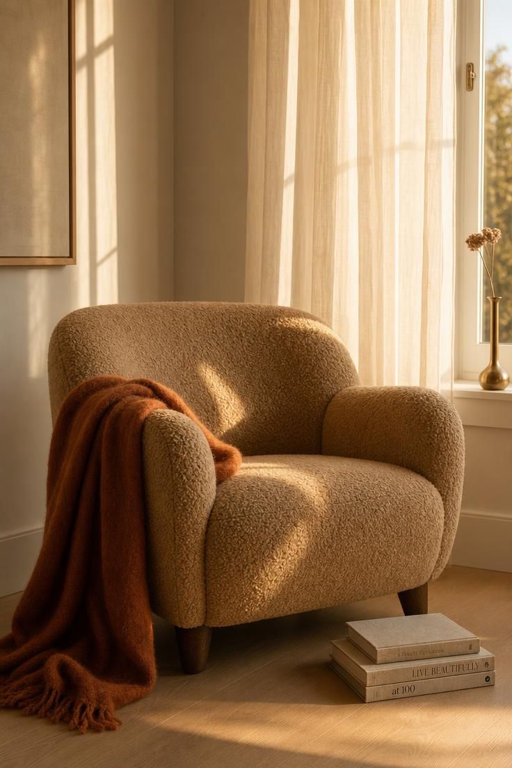 Camel boucle armchair with a rust mohair blanket draped over the arm in warm golden afternoon light