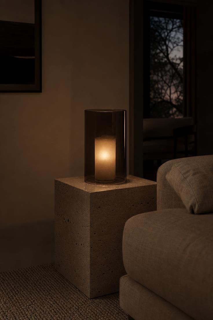 Smoked glass hurricane on a travertine side table glowing with moody low light at dusk