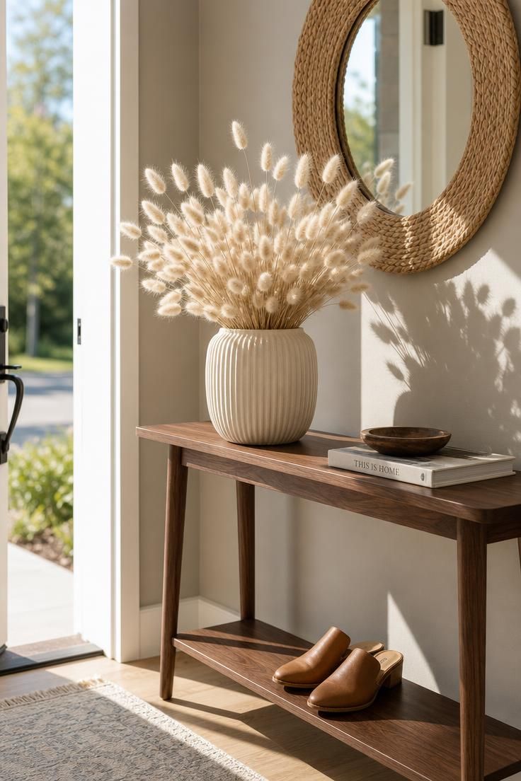 Ribbed ivory ceramic planter with dried bunny tail grass on a walnut entryway console in bright midday light