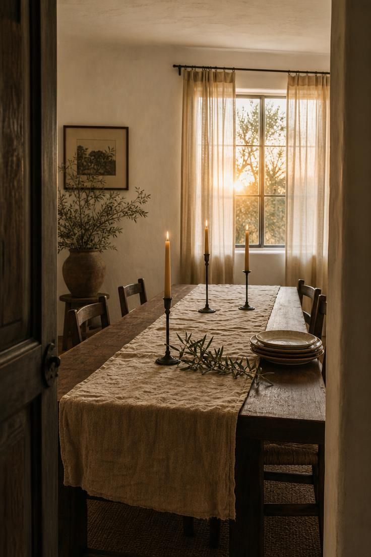 Linen-wrapped dining table with tapered beeswax candles in iron holders seen from a doorway in warm golden light