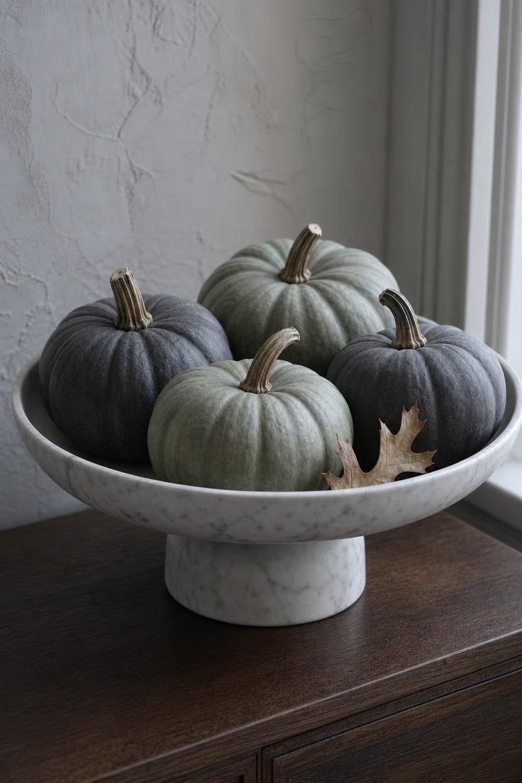 Cluster of matte sage and charcoal pumpkins in a marble pedestal bowl under cool overcast daylight