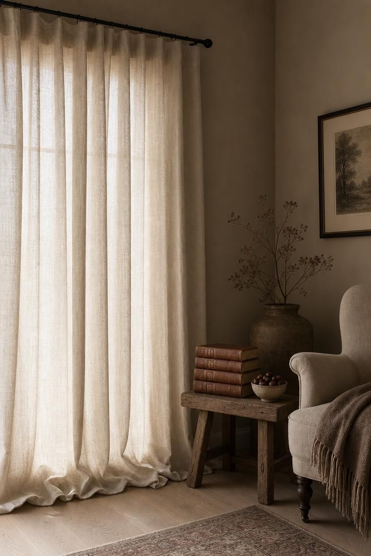 Floor-length oatmeal linen curtain beside cognac leather-bound books on a wooden stool in soft diffused light
