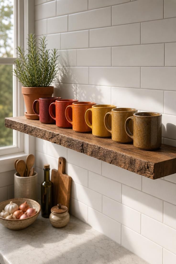 Reclaimed walnut floating shelf with stoneware mugs in spice tones under bright midday light in a kitchen