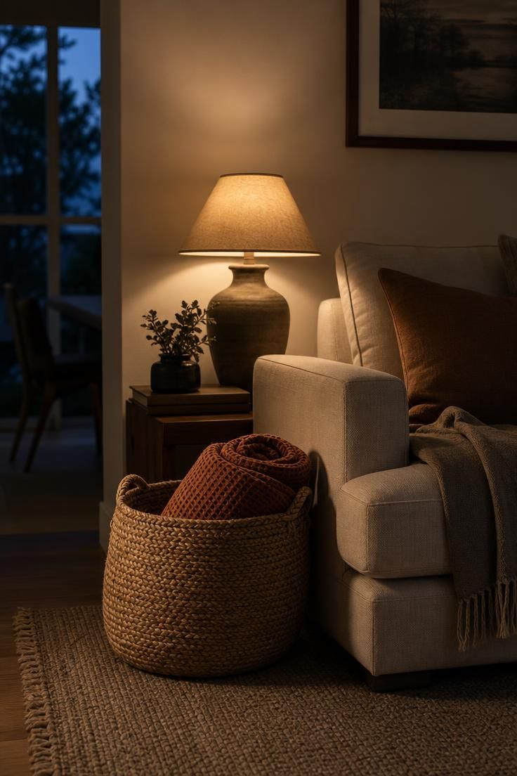 Woven jute basket holding a rolled terracotta waffle-knit throw beside a cream sofa in moody low lamp light