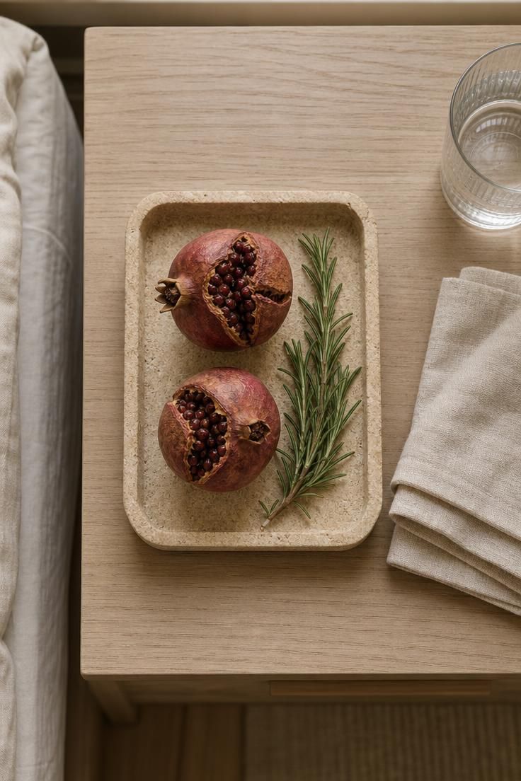 Overhead view of a shallow stone tray with dried pomegranates and rosemary on a light ash nightstand in soft diffused light