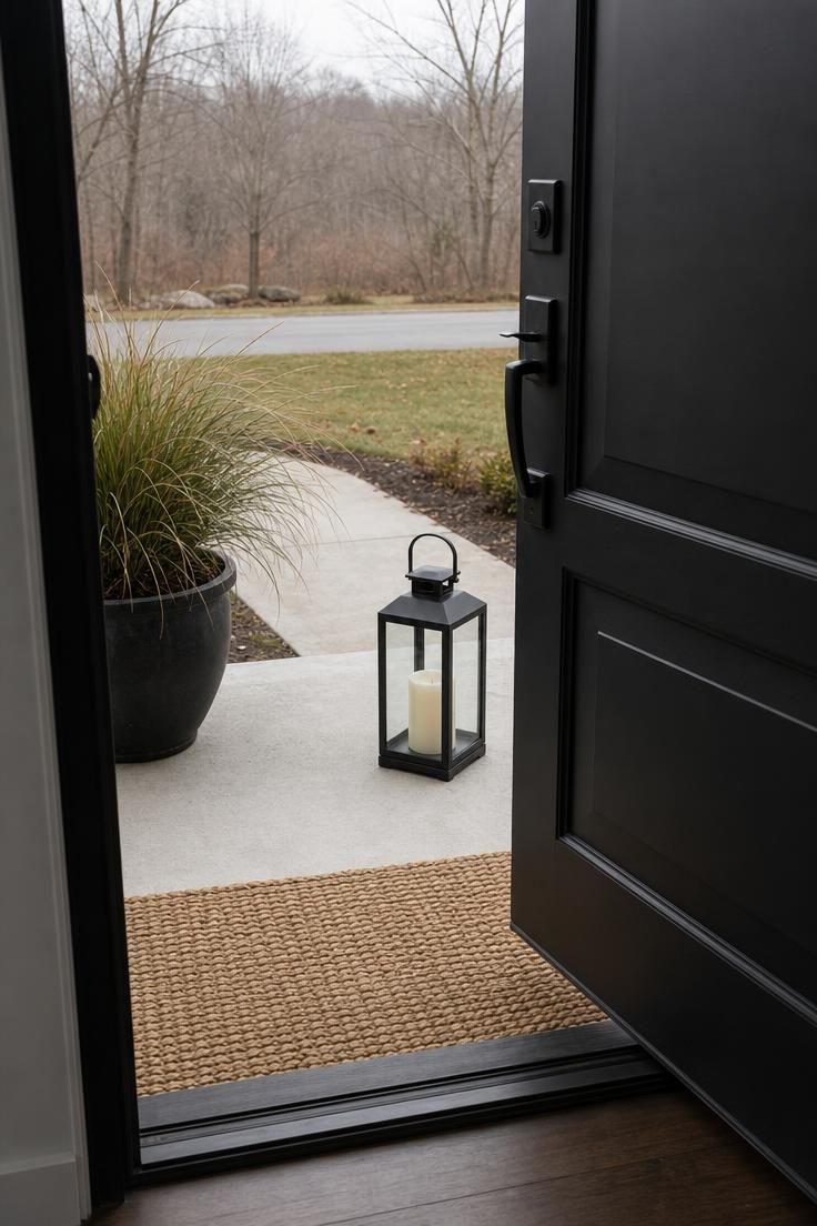 Matte black metal lantern with a pillar on a concrete front step seen from a doorway in cool overcast afternoon light