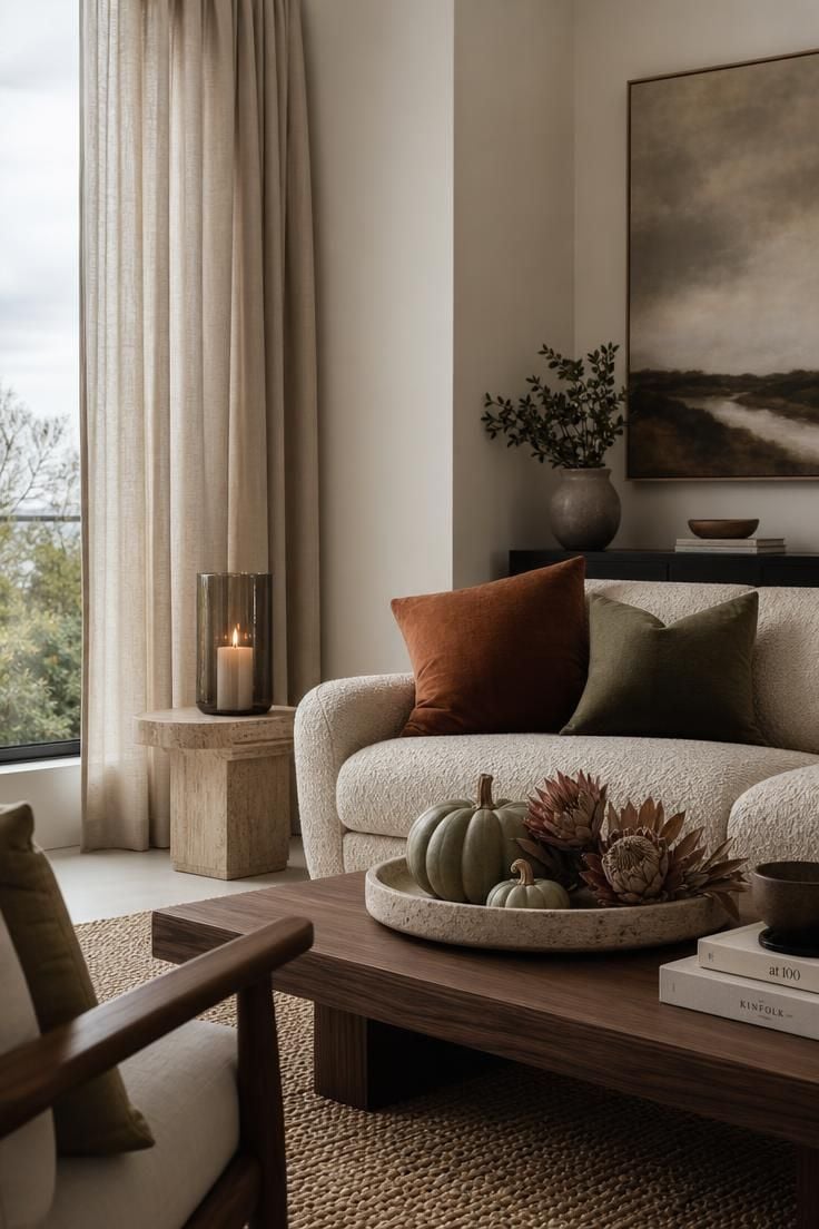 Simple Spaces 14 Modern living room styled for fall with muted tones, dried botanicals, and layered textures in cool overcast afternoon light